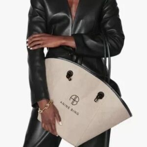 ANINE BING Taylin Linen Tote Bag Beige Brown Silver Hardware